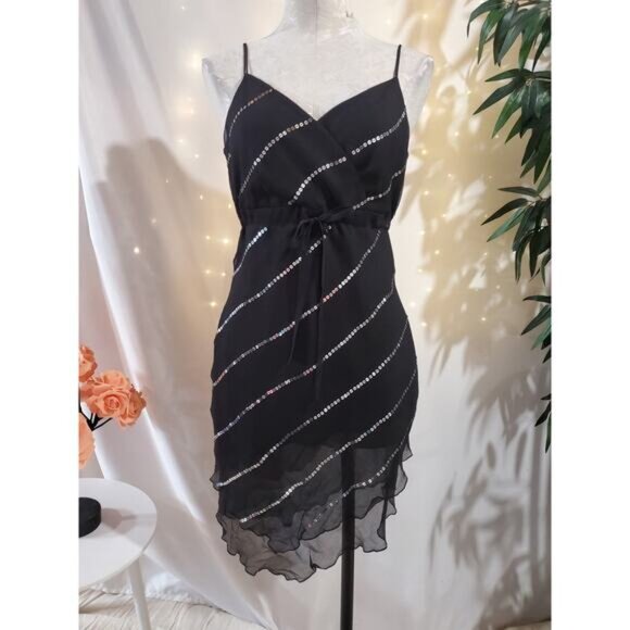 Dressbarn Vtg 90s Y2K Sequin Sheer Layered Tie Waist Dress Sz M Dark Fairy Goth - Picture 1 of 10